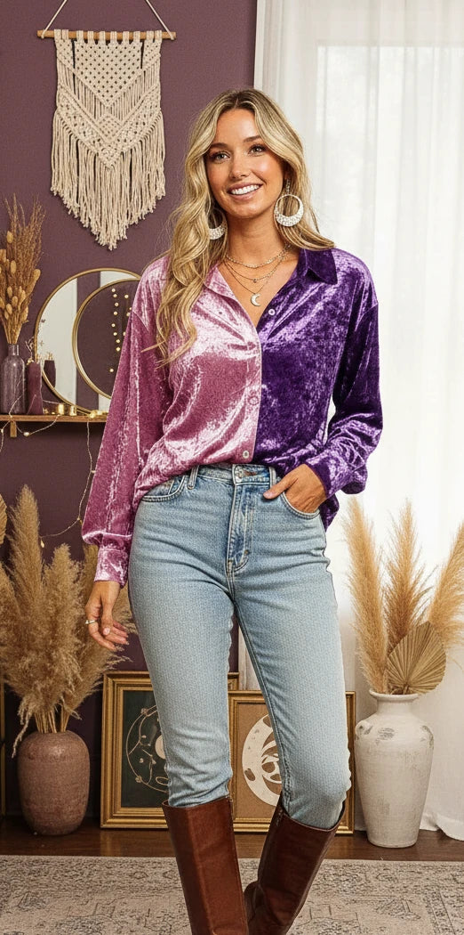BiBi Contrast Button Up Long Sleeve Shirt - Velvet Stardust Co.