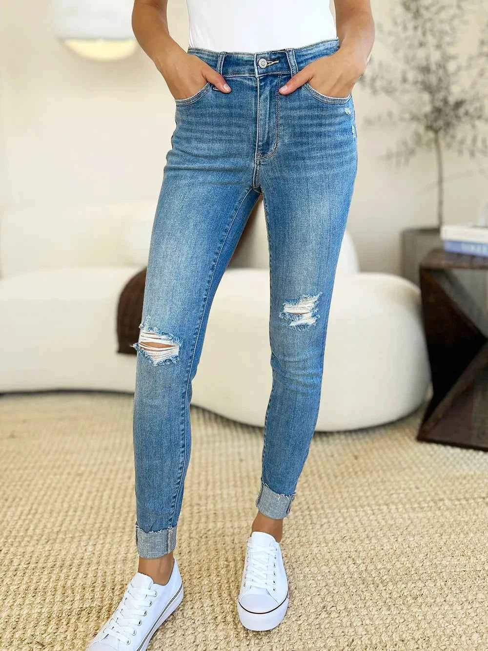 Judy Blue Full Size Mid Rise Destroy & Cuff Skinny Jeans - Velvet Stardust Co.