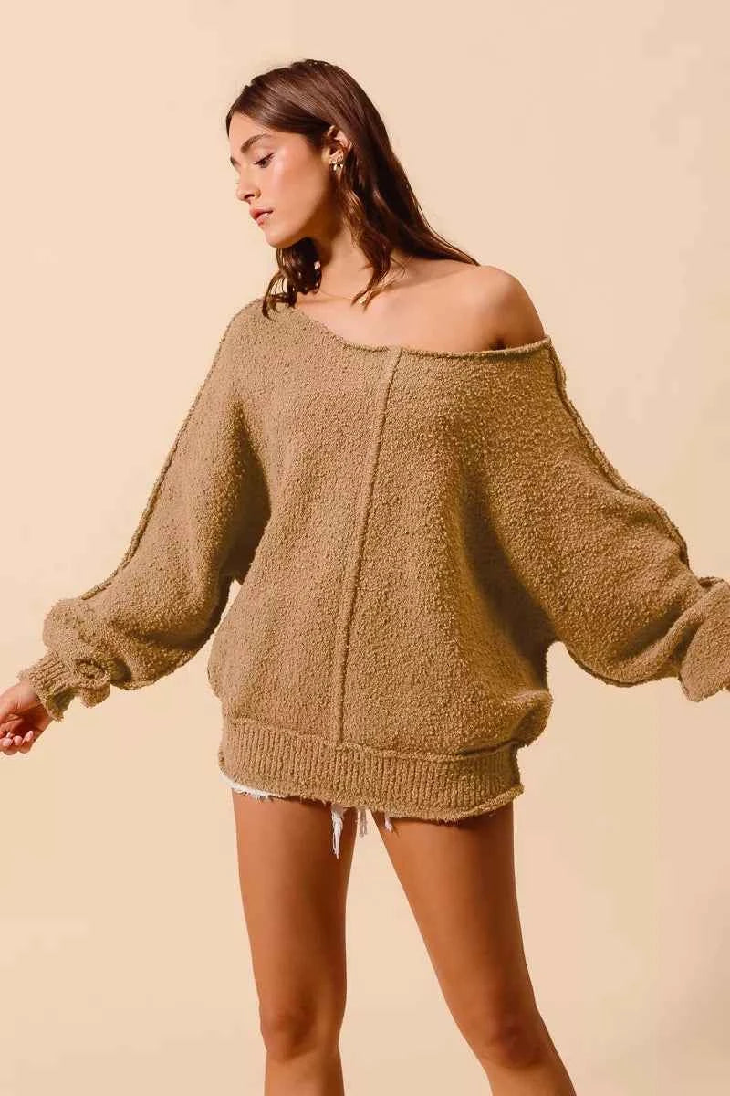 SO ME Loose Fit Exposed Seam Slouchy Boucle Sweater - Velvet Stardust Co.