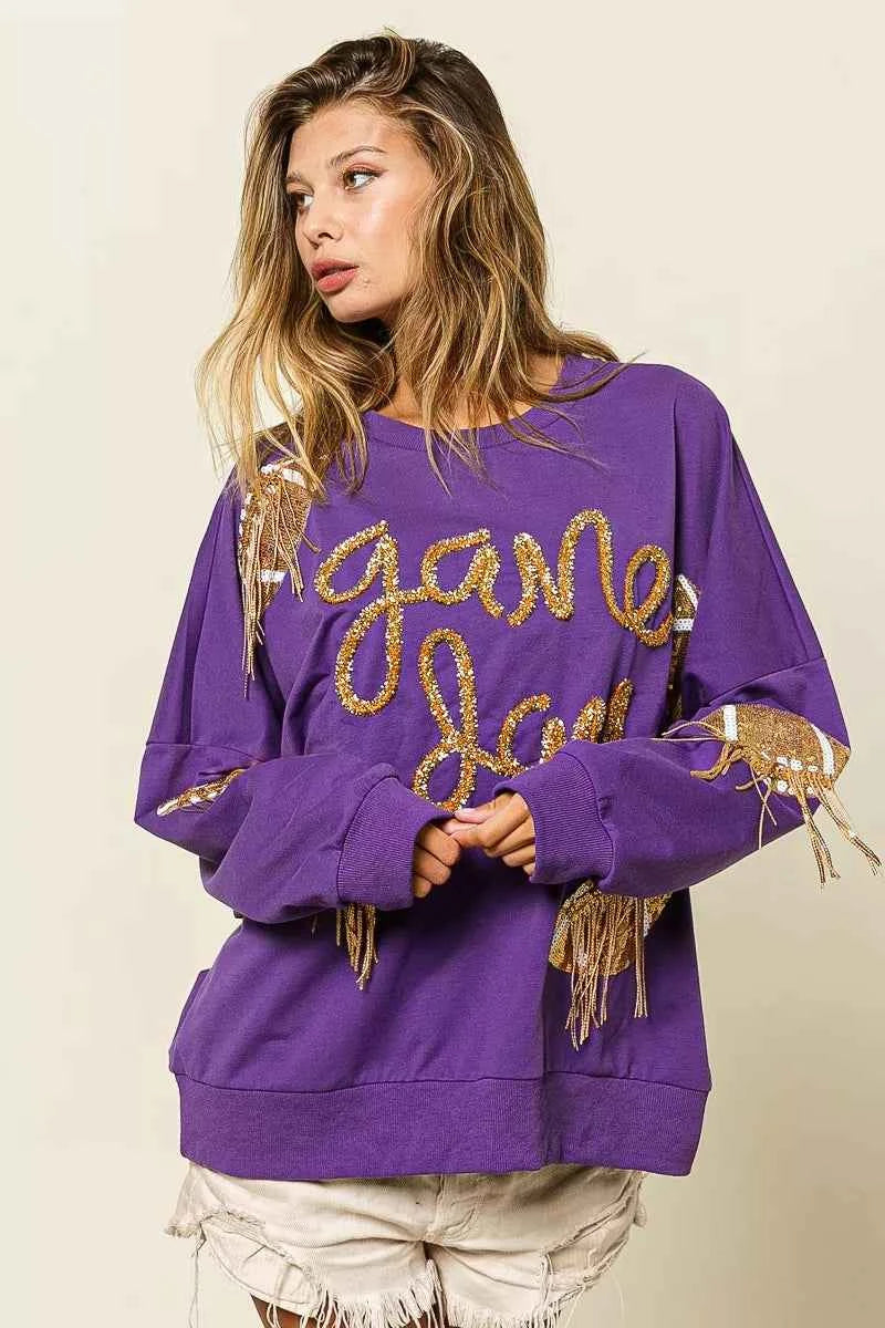 BiBi Sequin Football Patches Game Day Sweatshirt - Velvet Stardust Co.