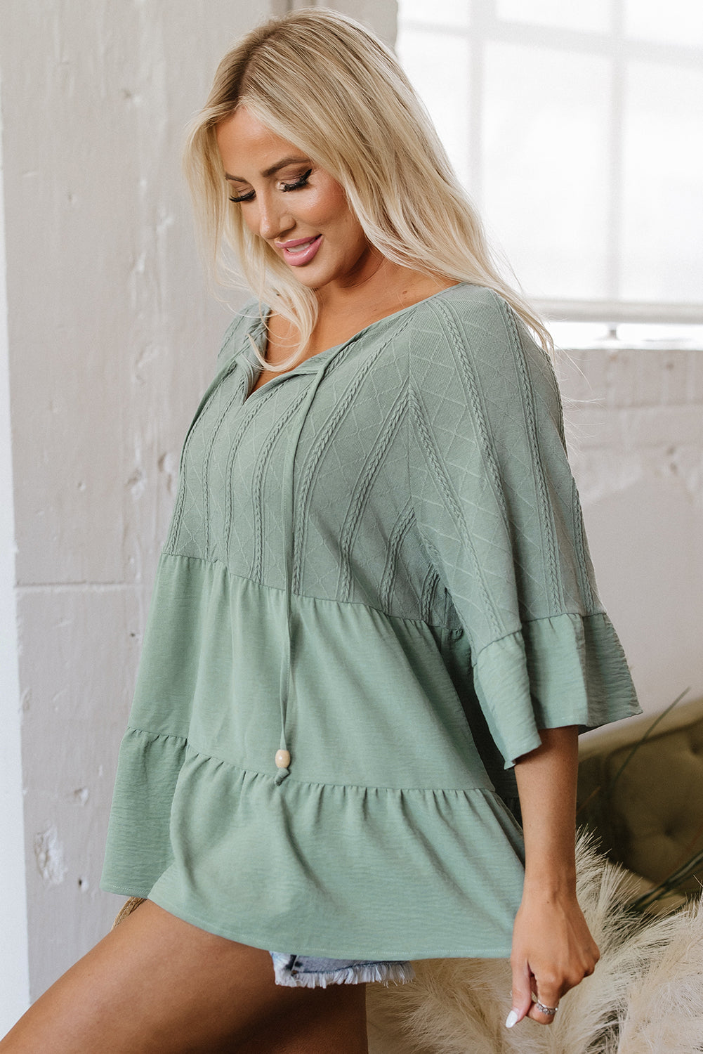 Laurel Green Tie Split Neck Textured Ruffle Patchwork Blouse - Velvet Stardust Co.