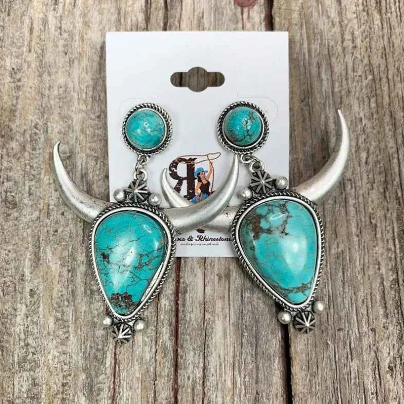 Artificial Turquoise Alloy Cow Head Earrings - Velvet Stardust Co.