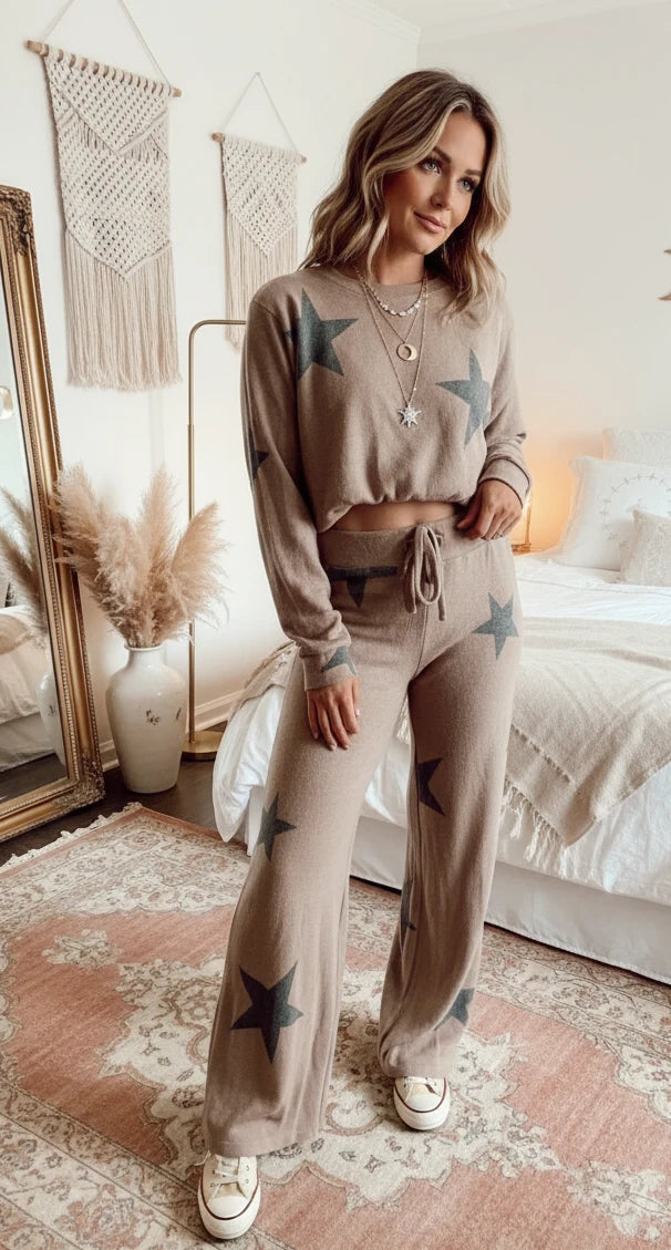 Star Print Top and Drawstring Pants Set - Velvet Stardust Co.