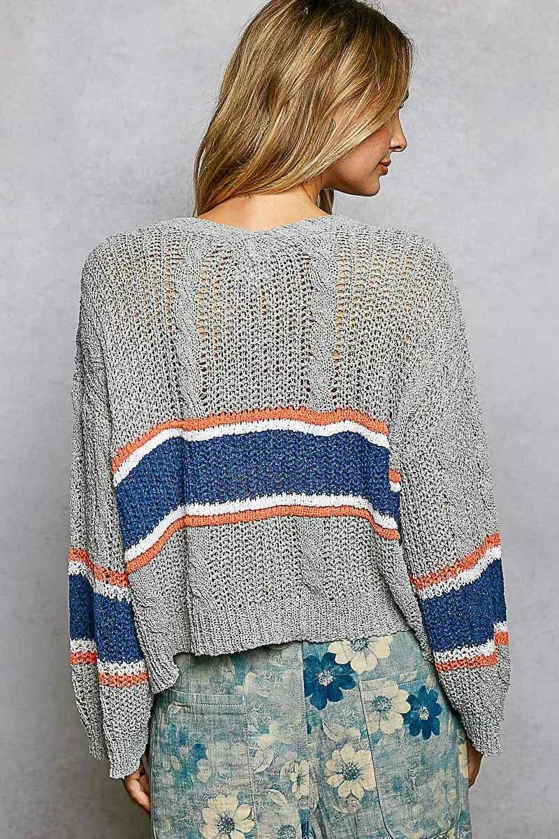 POL V-Neck Striped Pattern Cropped Knit Top with Cable Knit Detail