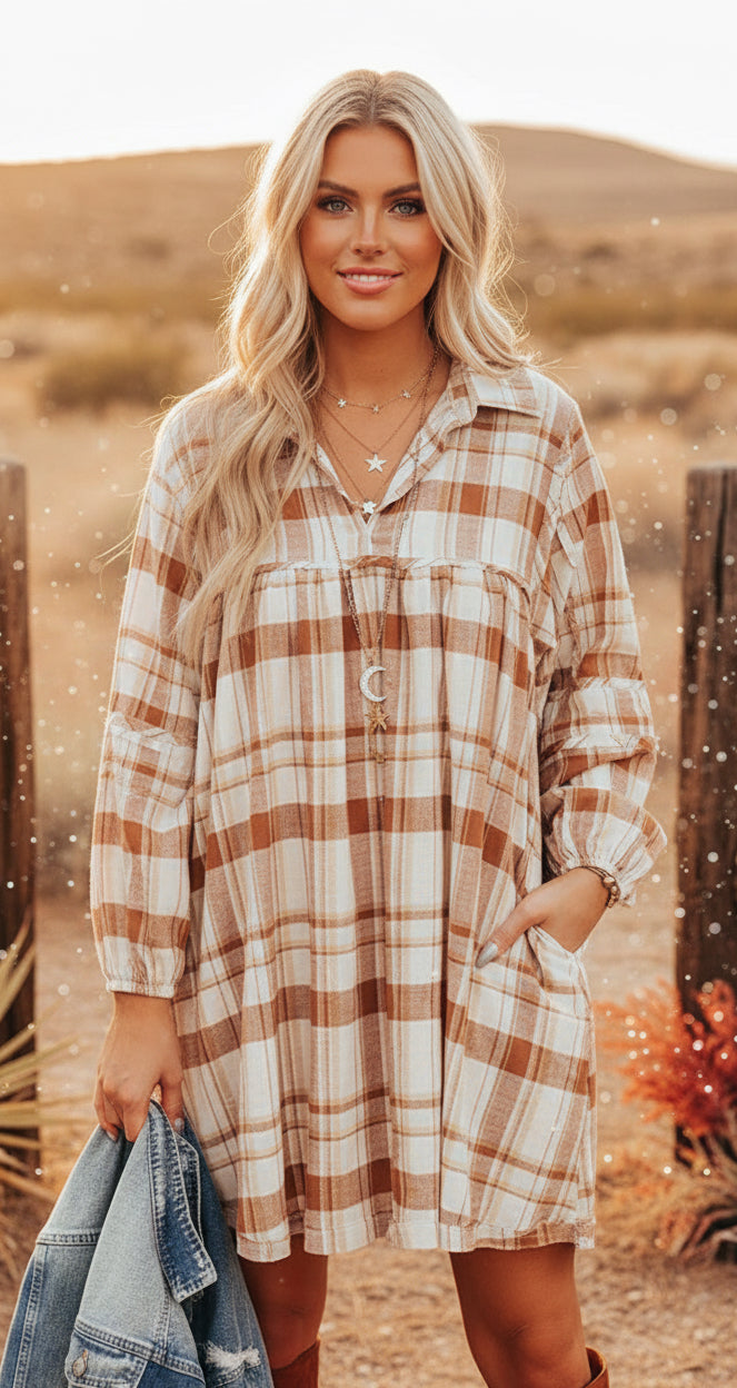 Brown Plaid Print Side Pockets Frilled Babydoll Mini Dress - Velvet Stardust Co.