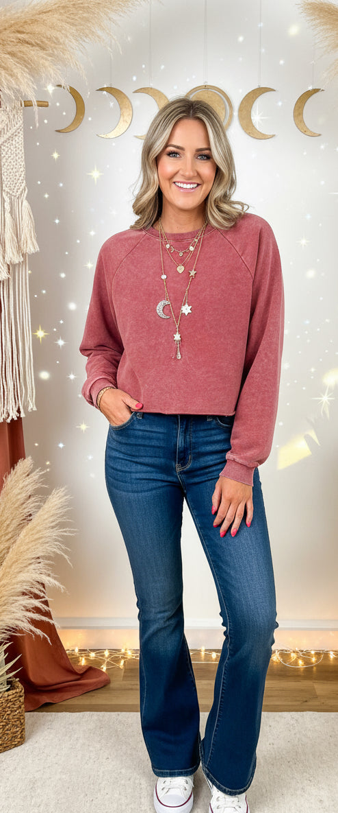 Racing Red Mineral Wash Raglan Sleeve Raw Hem Crop Sweatshirt