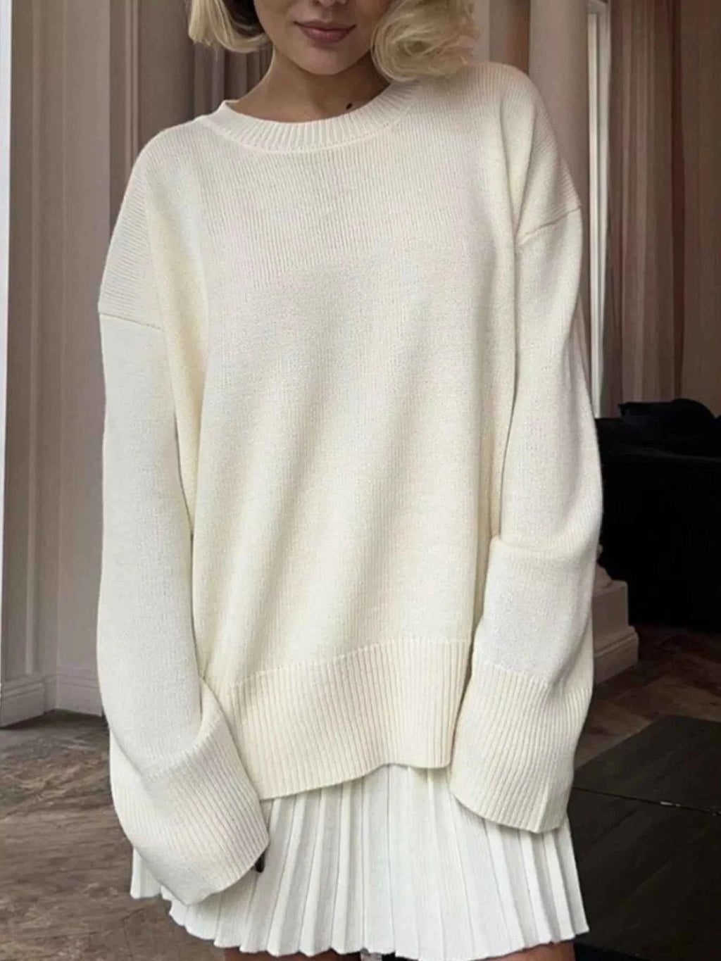 Round Neck Top and Pleated Skirt Sweater Set