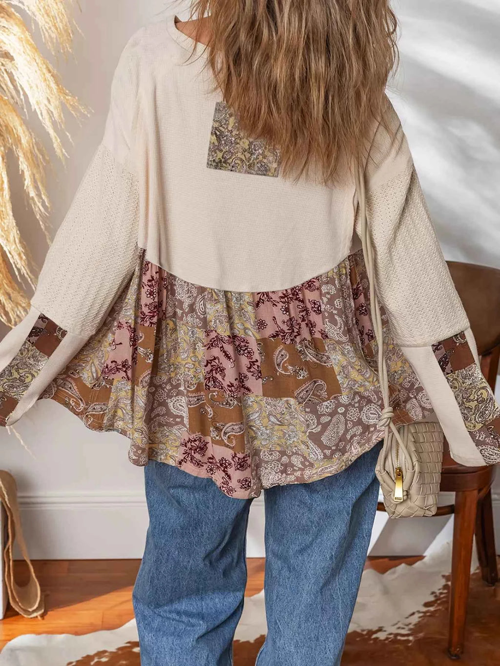 Paisley Ethnic Print Contrast Patchwork Long Sleeve Loose Top - Velvet Stardust Co.