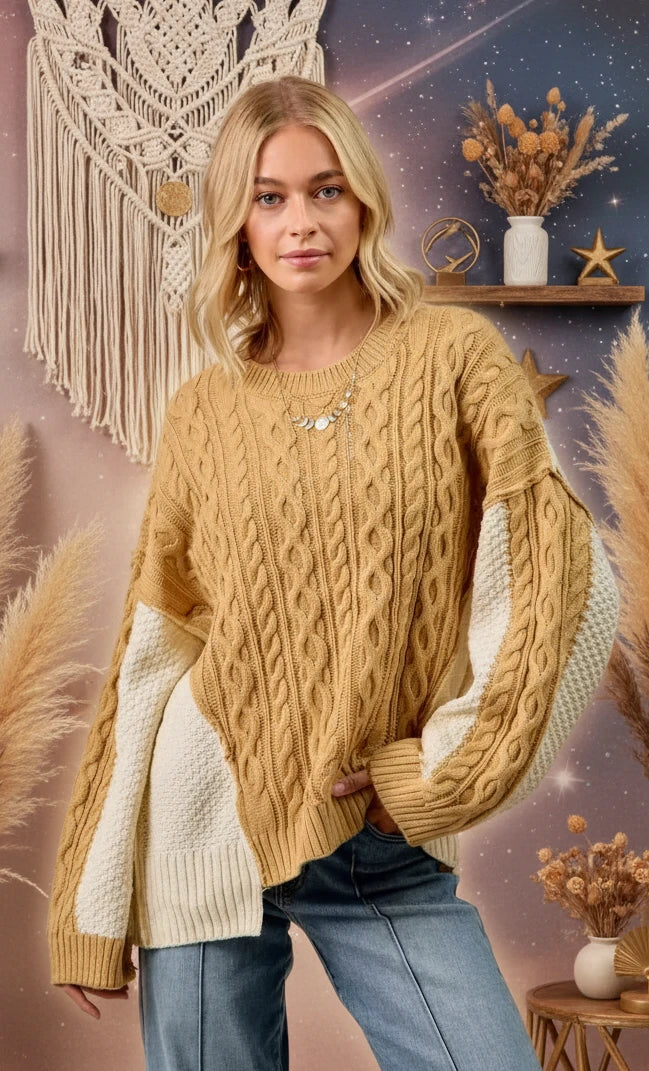 BiBi Cable Knit With Hacci Combo Sweater With Uneven Hem Detail