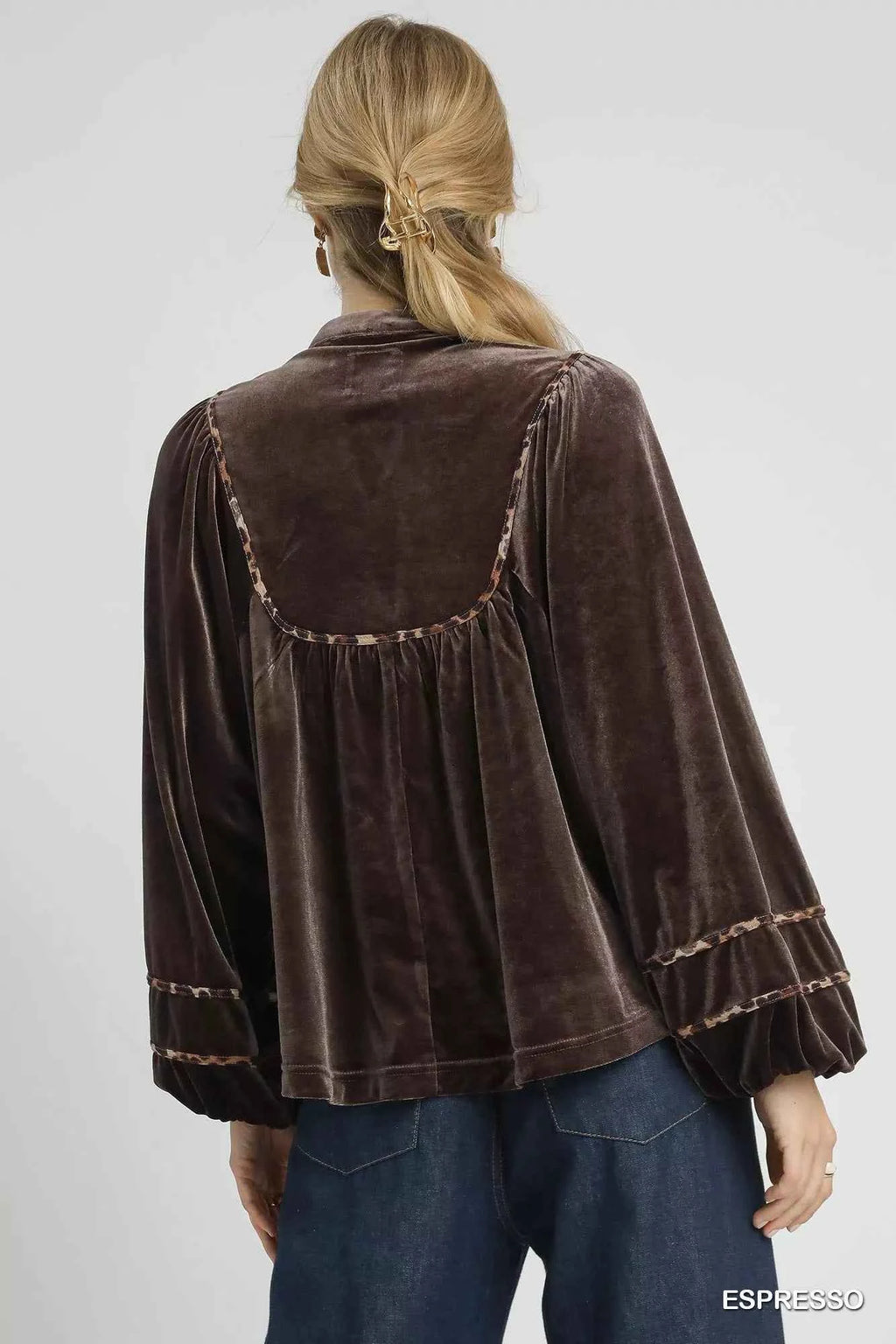 Umgee Velvet Long Sleeve Blouse with Contrast Trim - Velvet Stardust Co.