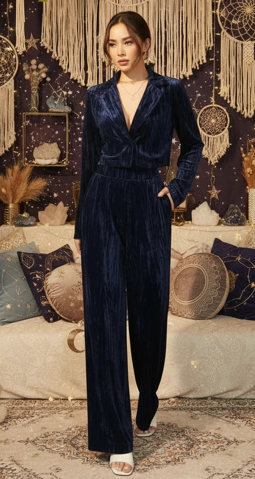 Pleated Velvet Blazer & Wide Leg Pants Set - Velvet Stardust Co. - Velvet Stardust Co.