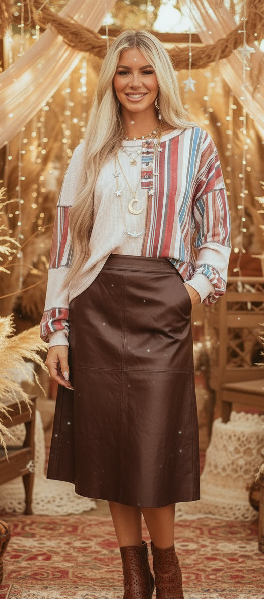 Beige Striped Waffle Patchwork Exposed Seam Raw Edge Casual Knit Top - Velvet Stardust Co.