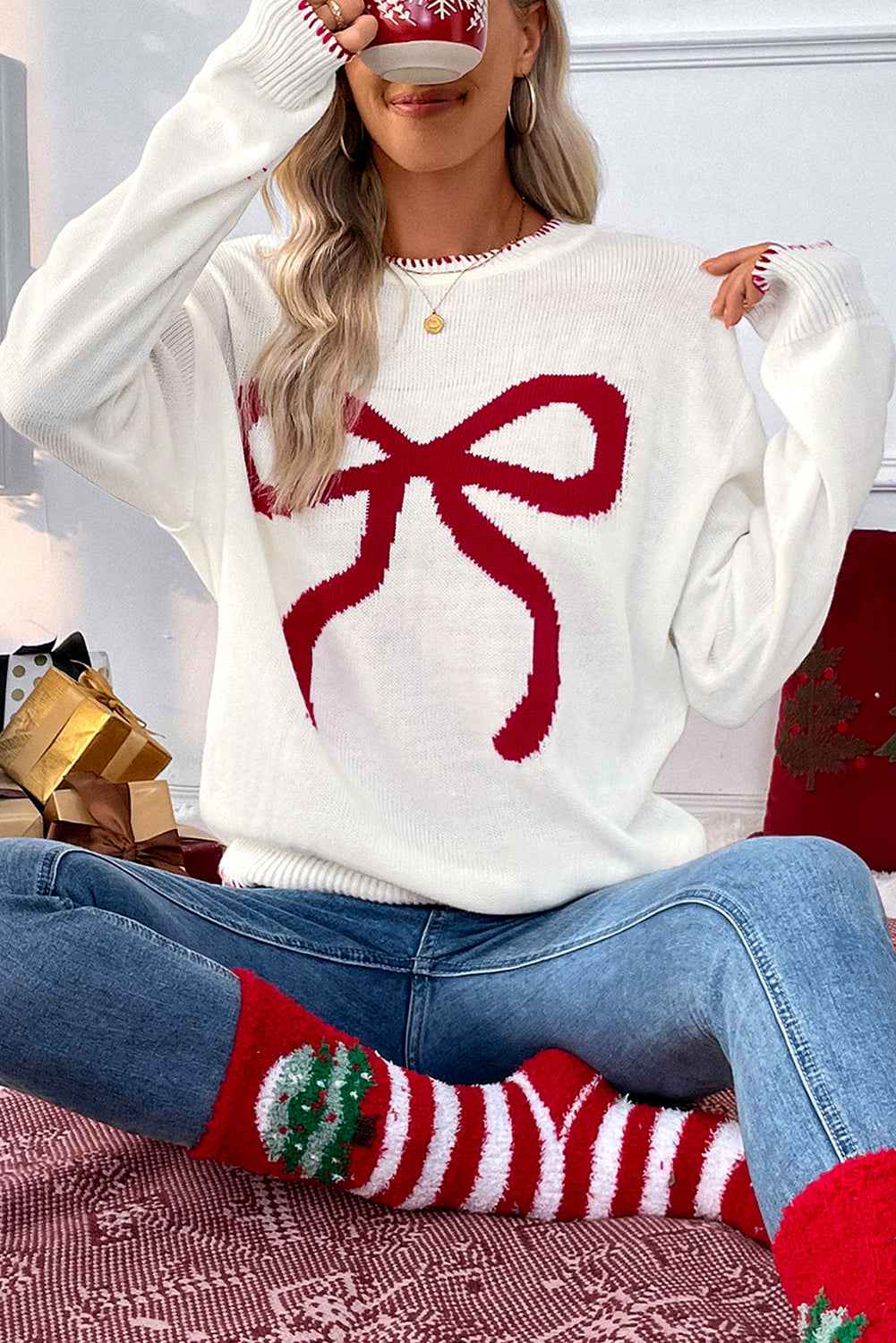 White Sweet Christmas Bow Long Sleeve Knit Sweater - Velvet Stardust Co.