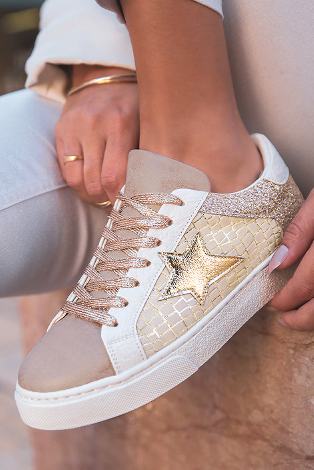 Gold Glitter Star Patchwork PU Leather Lace-up Sneakers - Velvet Stardust Co.