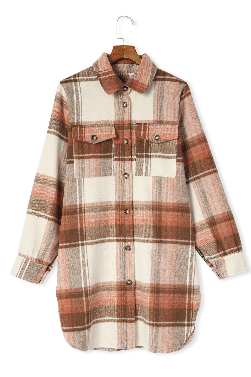Brown Plaid Casual Button Up Long Shacket with Flap Pockets - Velvet Stardust Co.
