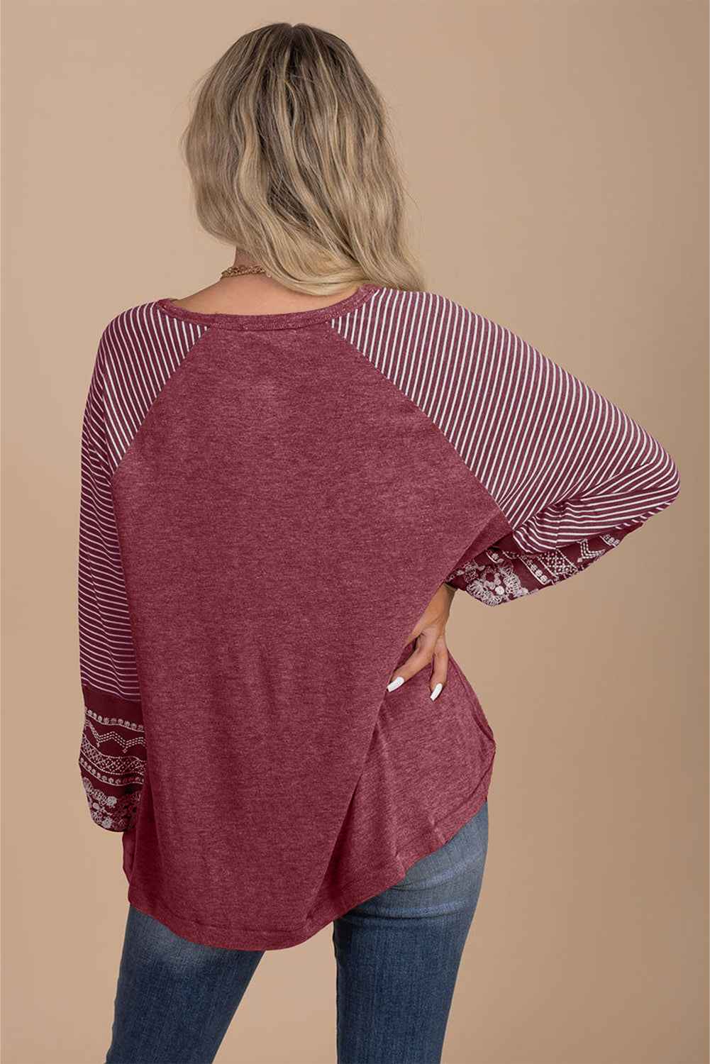 Medium Grey Contrast Print Striped Raglan Long Sleeve Loose Top - Velvet Stardust Co.