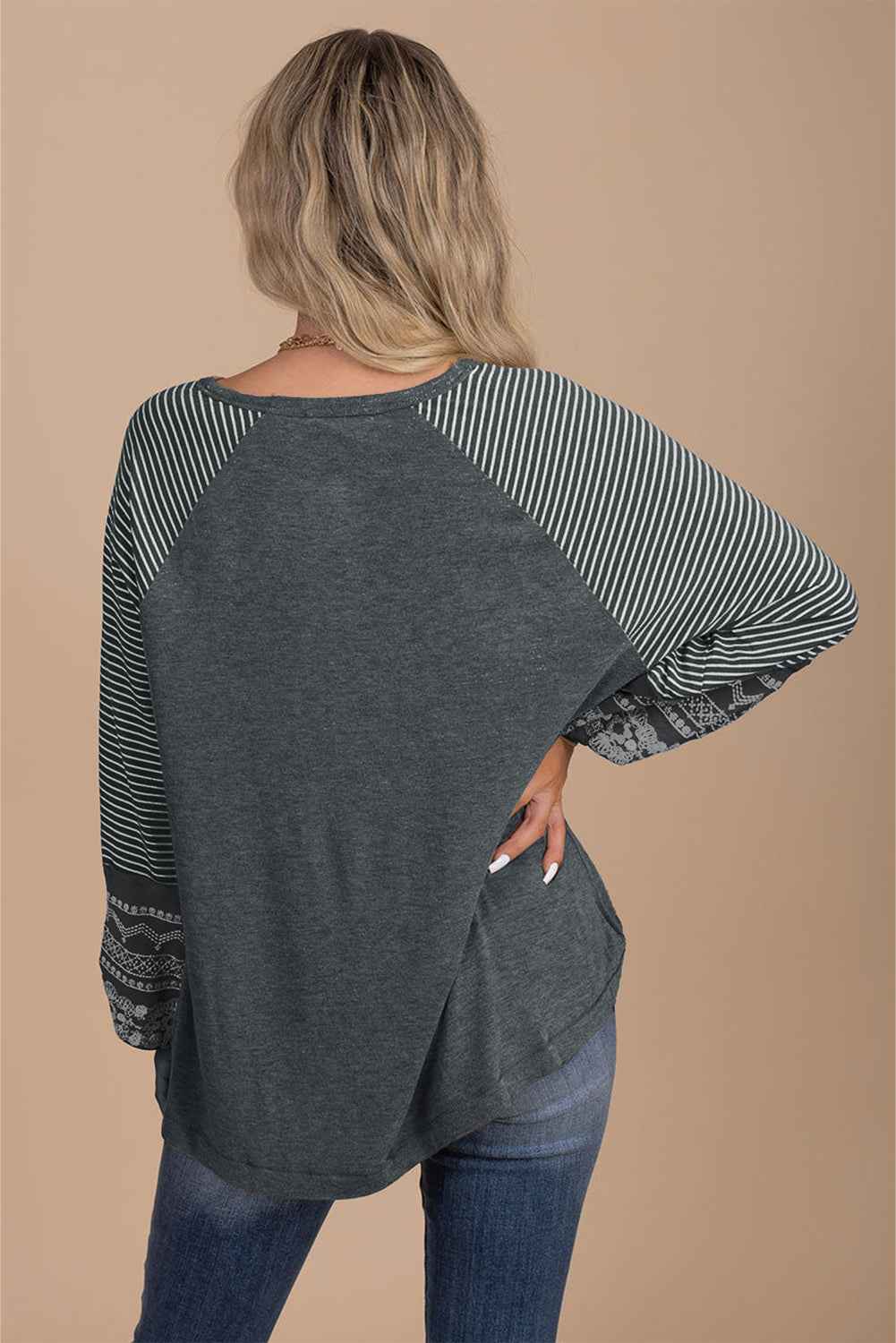 Medium Grey Contrast Print Striped Raglan Long Sleeve Loose Top - Velvet Stardust Co.