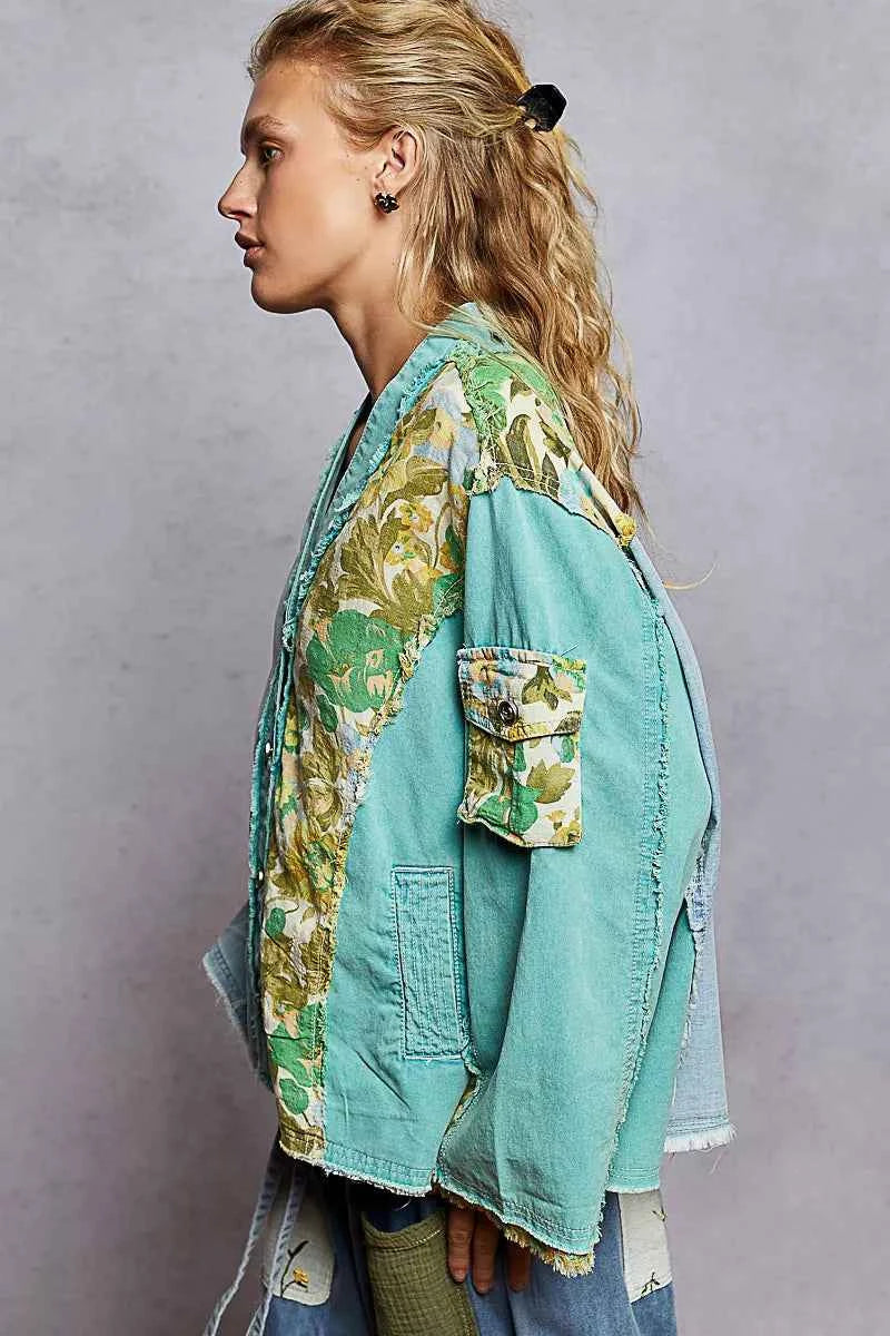 POL Button Down Floral V-Neck Long Sleeve Raw Hem Top