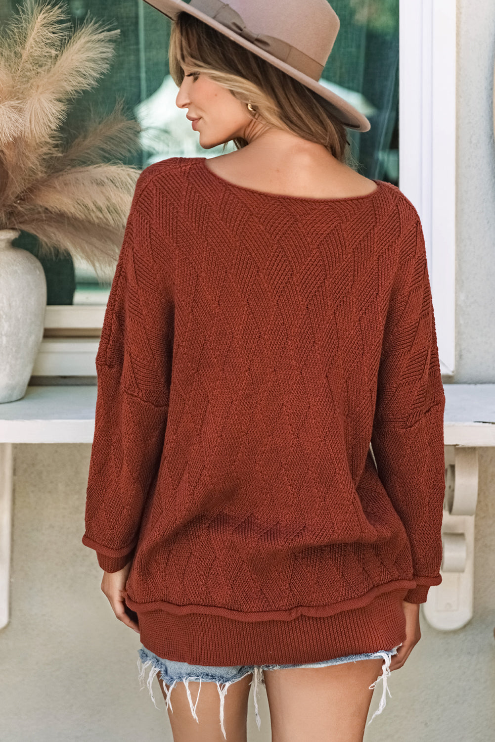 Gold Flame Solid Color Textured Crew Neck Loose Sweater - Velvet Stardust Co.