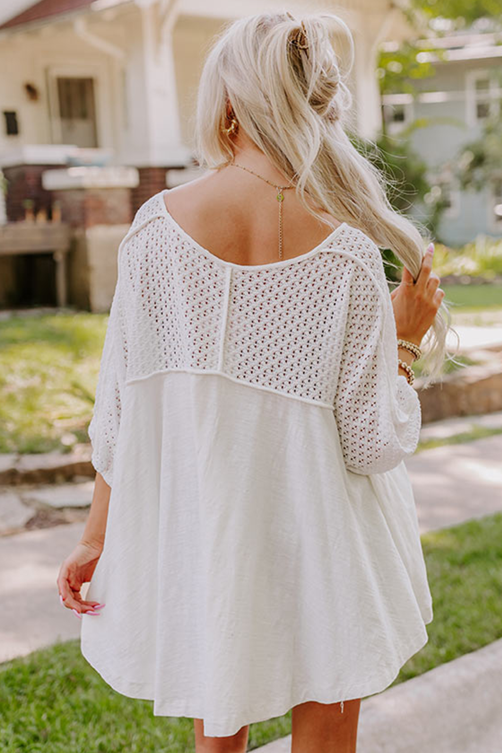 White Eyelet Patchwork High Low Hem V Neck Oversized Top - Velvet Stardust Co.
