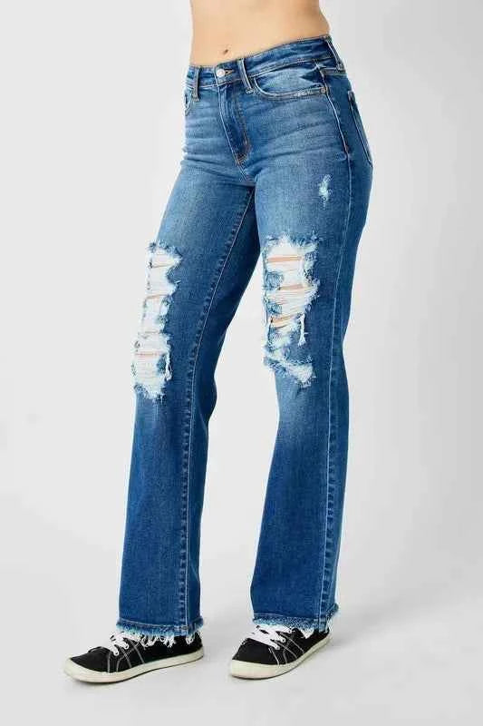 Judy Blue Full Size Mid Rise Distressed Raw Hem Jeans – Velvet Stardust Co. - Velvet Stardust Co.
