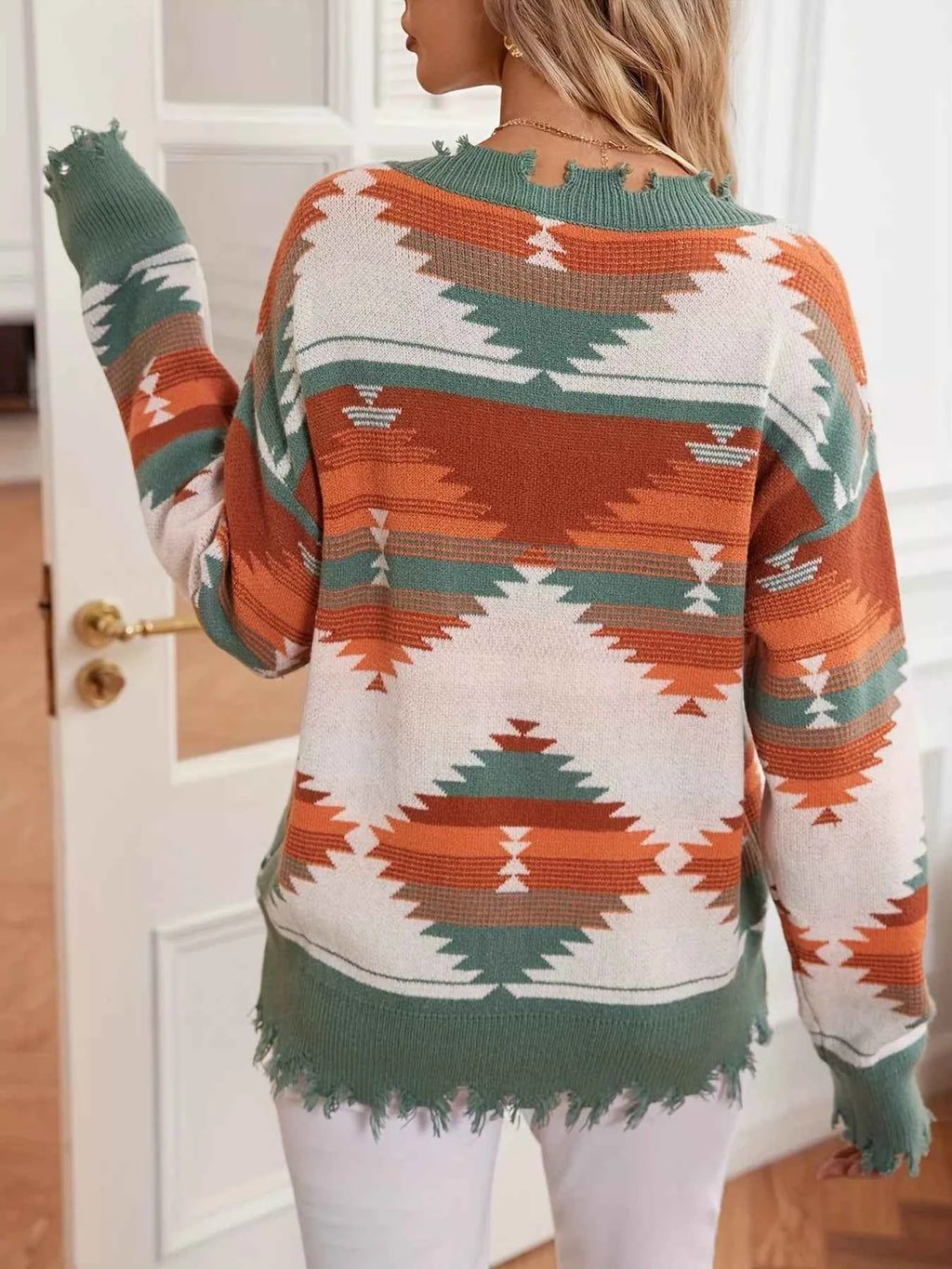 Geometric Frayed Hem V-Neck Long Sleeve Sweater - Velvet Stardust Co.