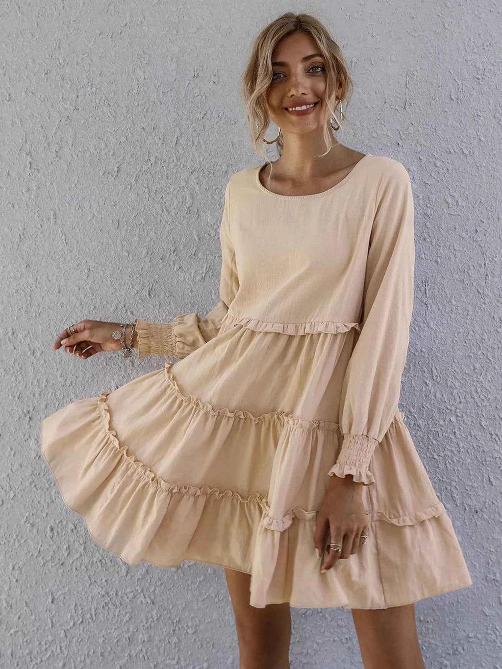 Ruffle Tiered Long Sleeve Mini Dress - Velvet Stardust Co.