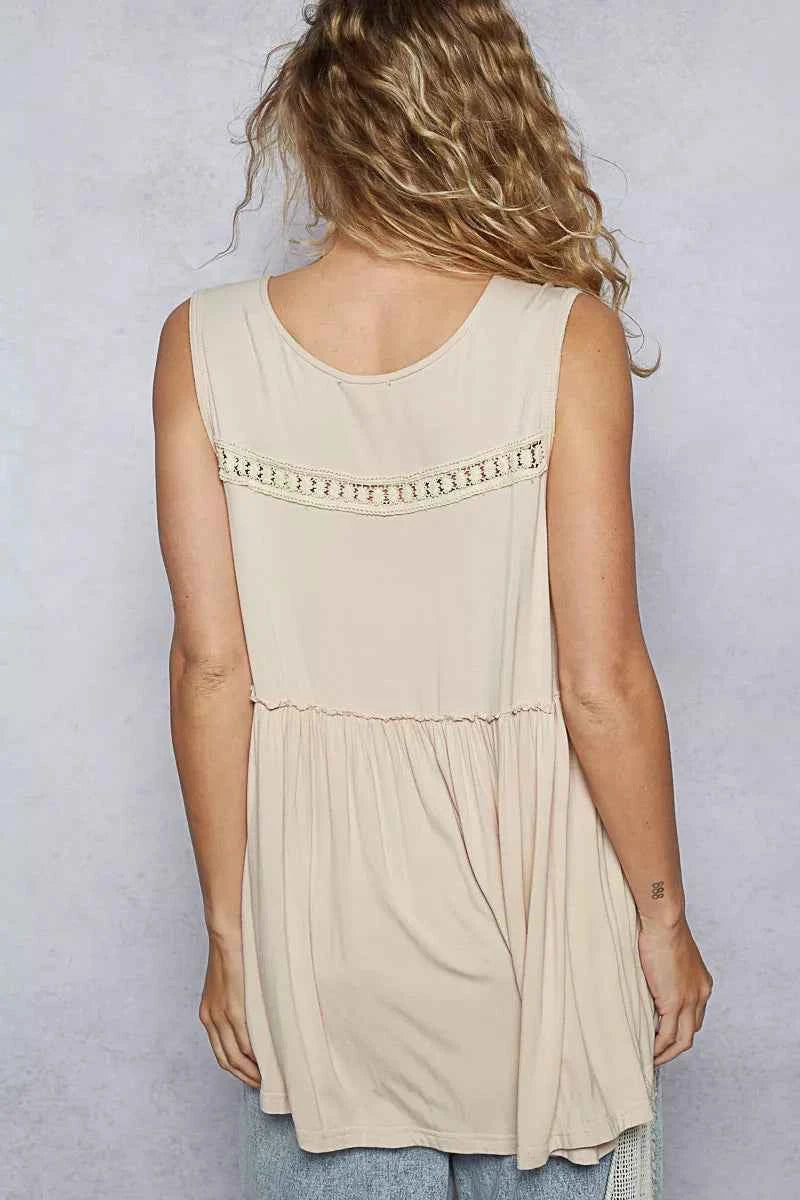 POL Lace Trim Babydoll Sleeveless Top with Ruffled and Raw Edge Detail - Velvet Stardust Co.