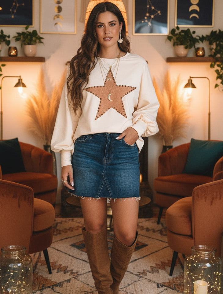Apricot Studded Star Graphic Oversized Long Sleeve Top - Velvet Stardust Co.