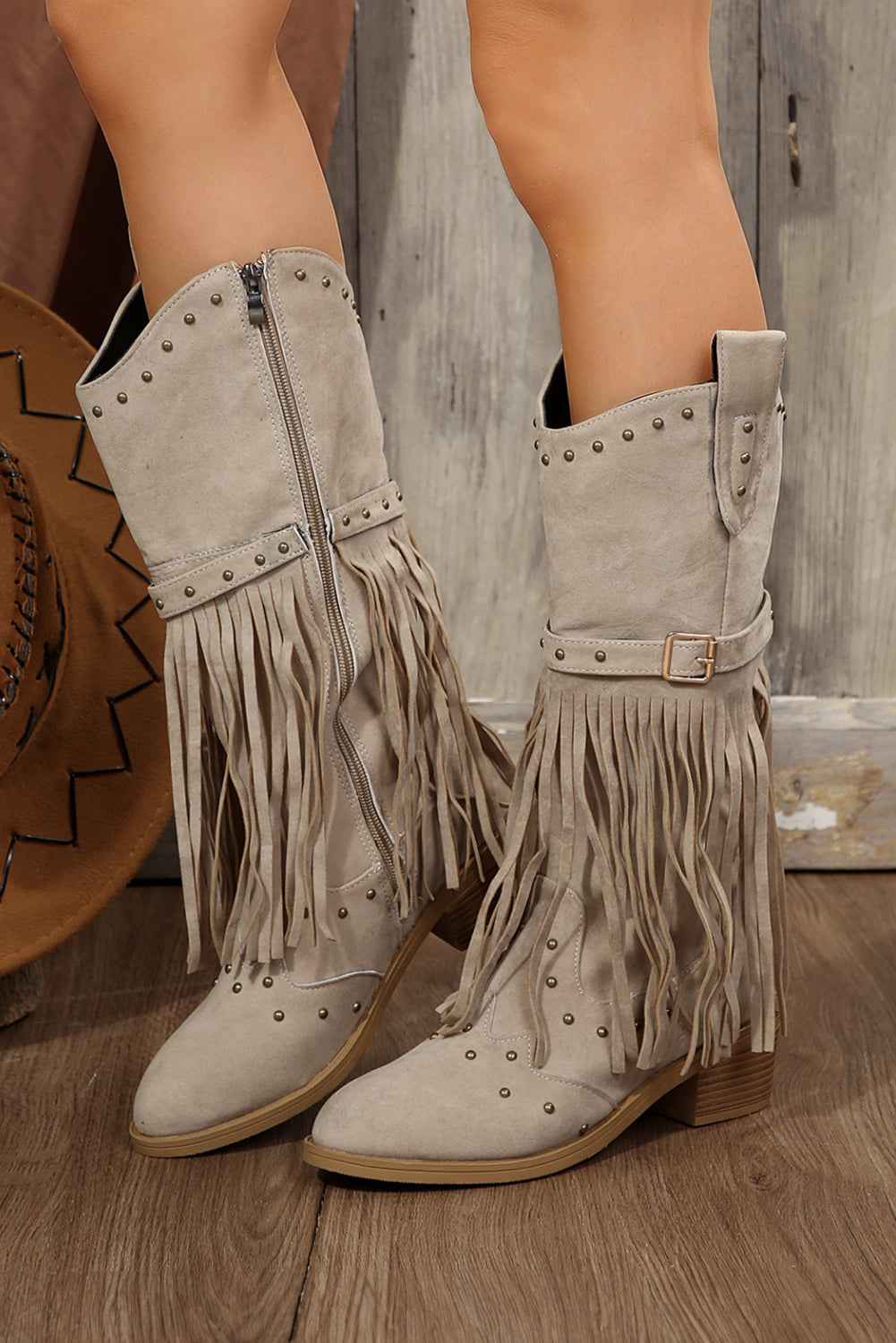 Jet Stream Faux Suede Studded Fringe Trim Heel Boots - Velvet Stardust Co.