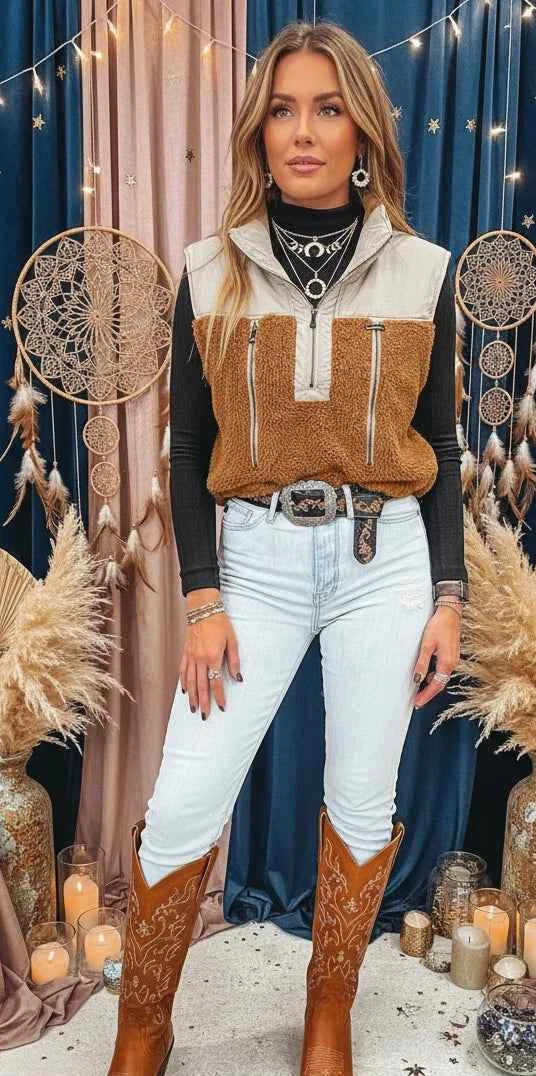 Color Block Plush Patchwork Zipper Stand Neck Vest Coat - Velvet Stardust Co.