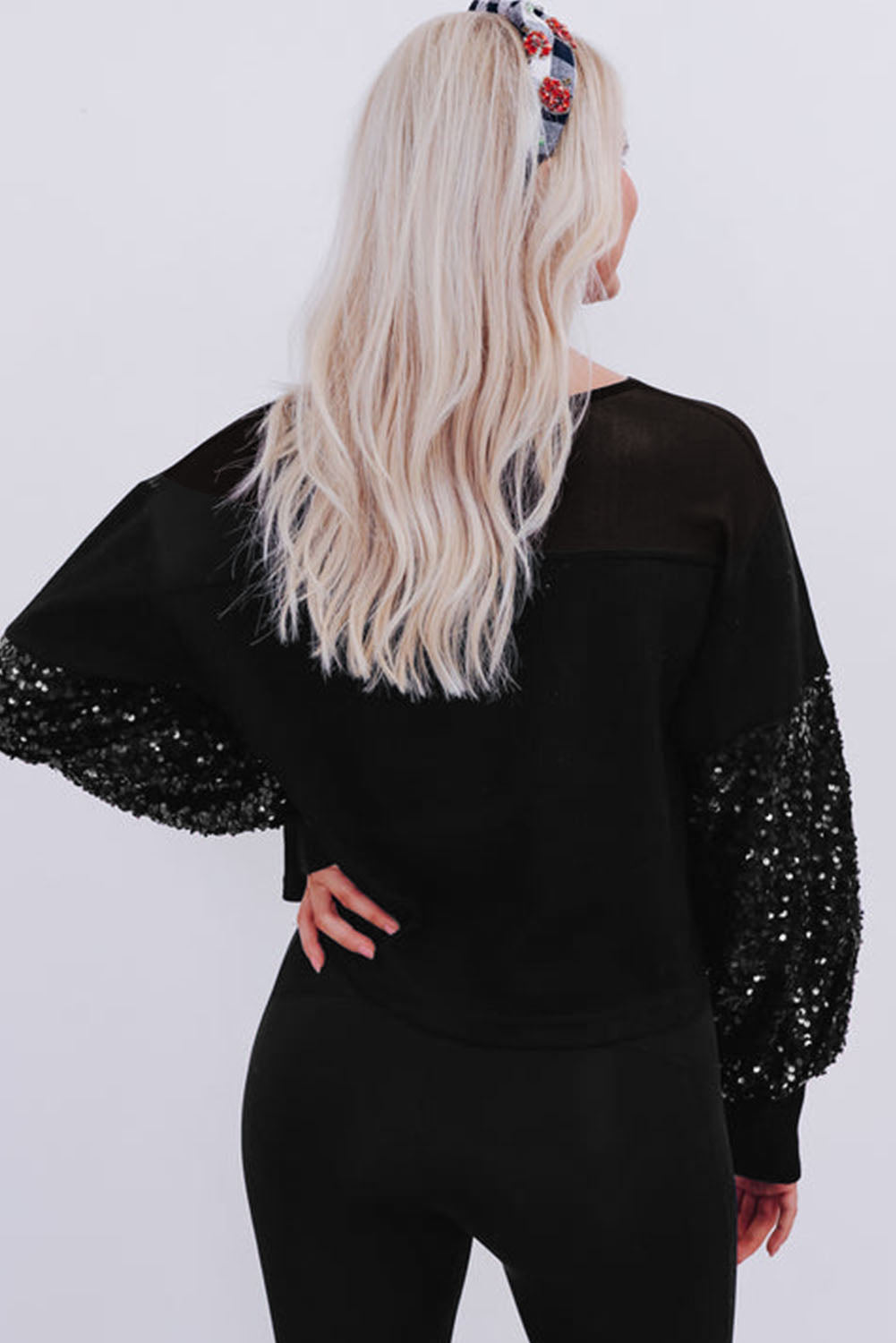 Black Sequin Patchwork Lantern Sleeve Blouse - Velvet Stardust Co.