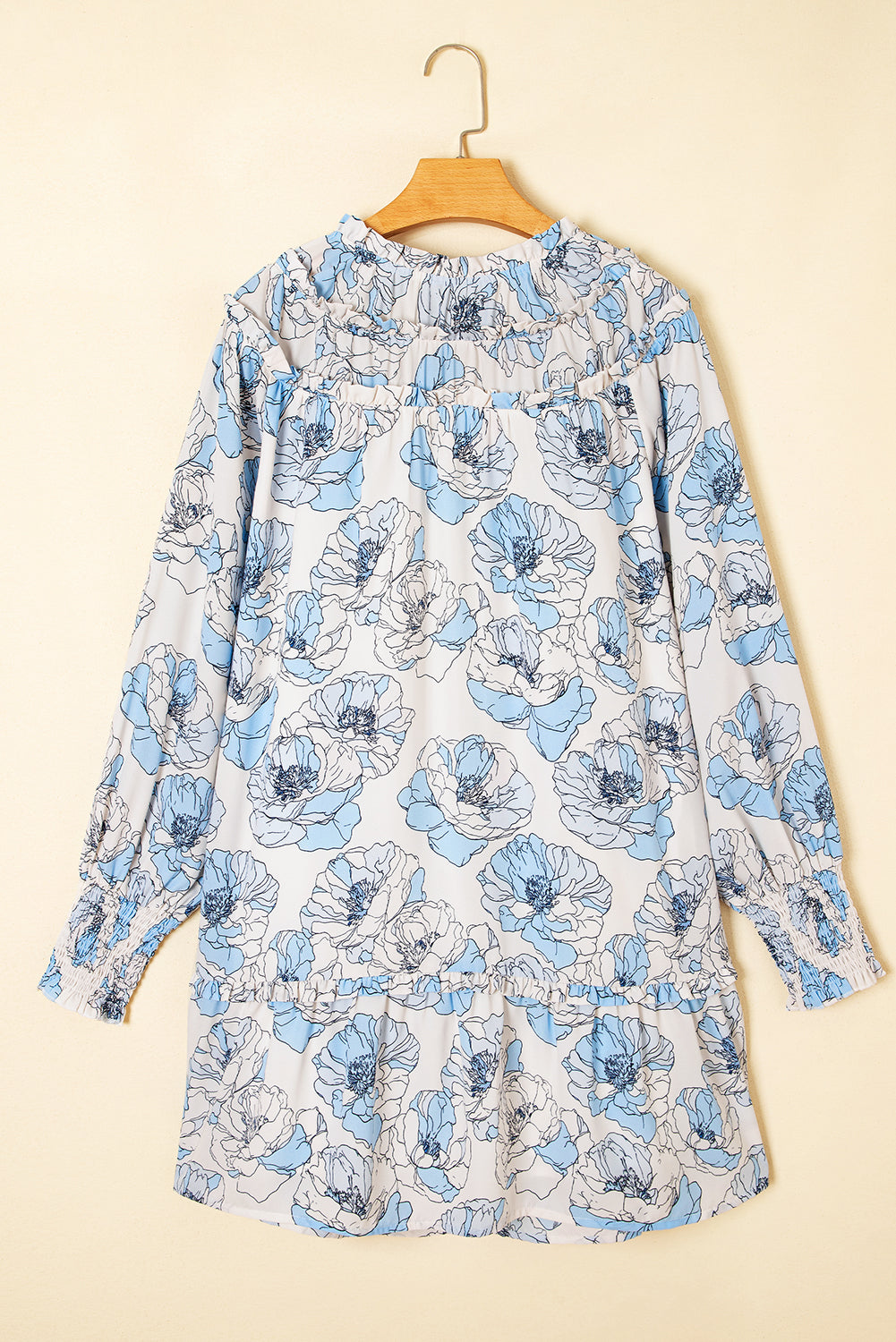 Sky Blue Floral Print Tie Neck Long Sleeve Flowy Mini Dress - Velvet Stardust Co.