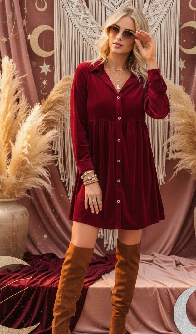 Oh Full Size Collared Neck Long Sleeve Mini Dress - Velvet Stardust Co.