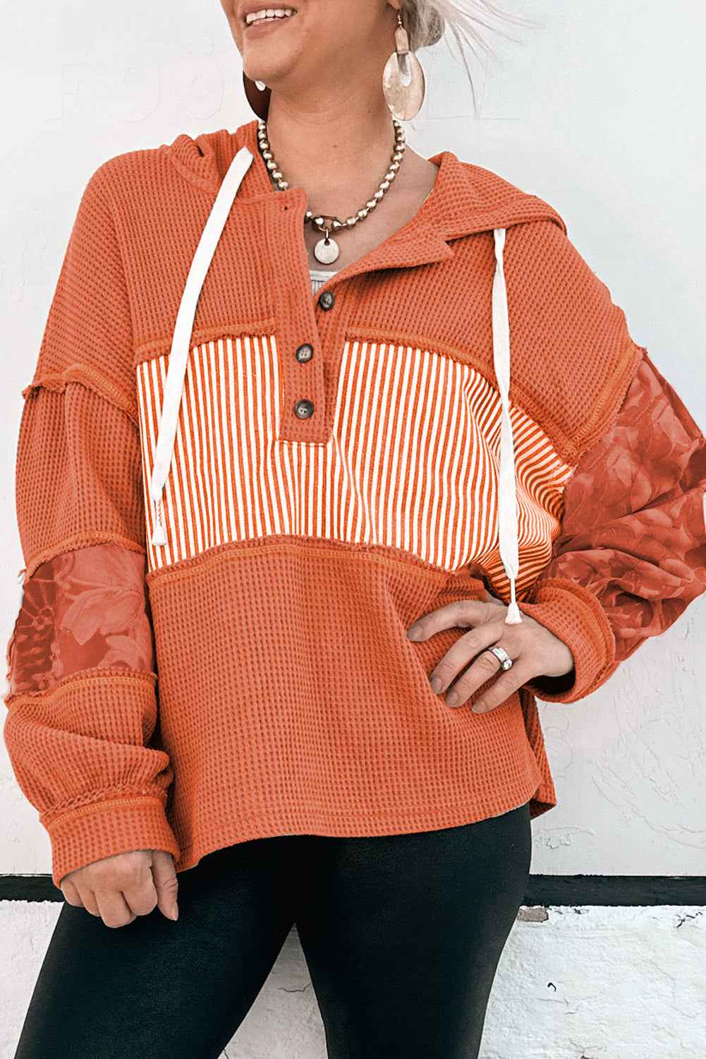 Cinnamon Striped Waffle Patchwork Drawstring Hooded Long Sleeve Top - Velvet Stardust Co.