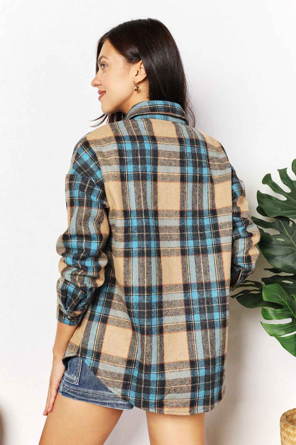 Double Take Plaid Curved Hem Shirt Jacket with Breast Pockets - Velvet Stardust Co.