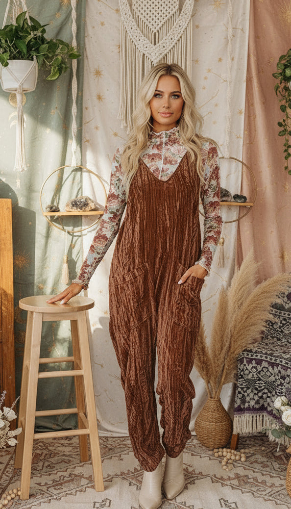 Chicory Coffee Velvet Adjustable Straps Patched Pocket Sleeveless Jumpsuit - Velvet Stardust Co.