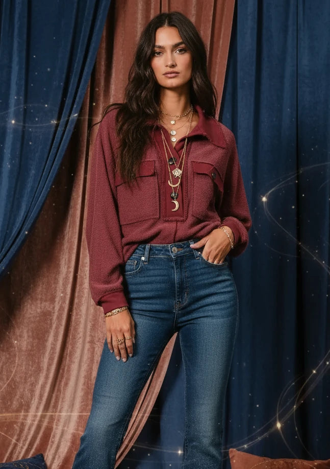 BiBi Cp French Terry Cut Edge Detail Collared Top - Velvet Stardust Co.