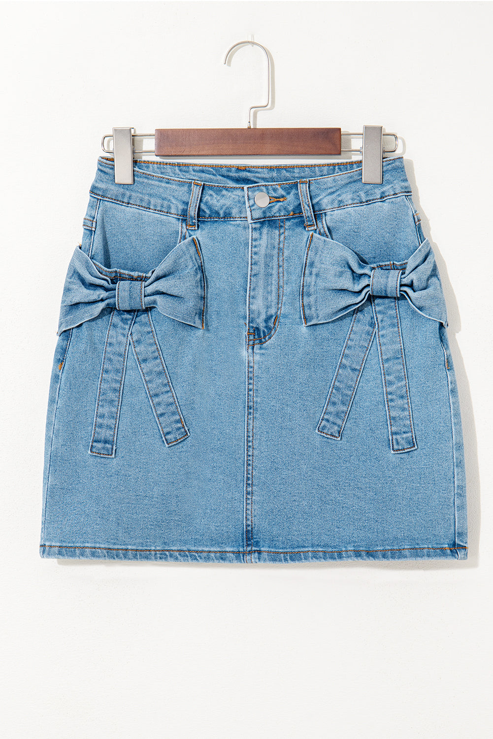 Dusk Blue Acid Washed Bowknot Details High Waist Denim Skirt - Velvet Stardust Co.