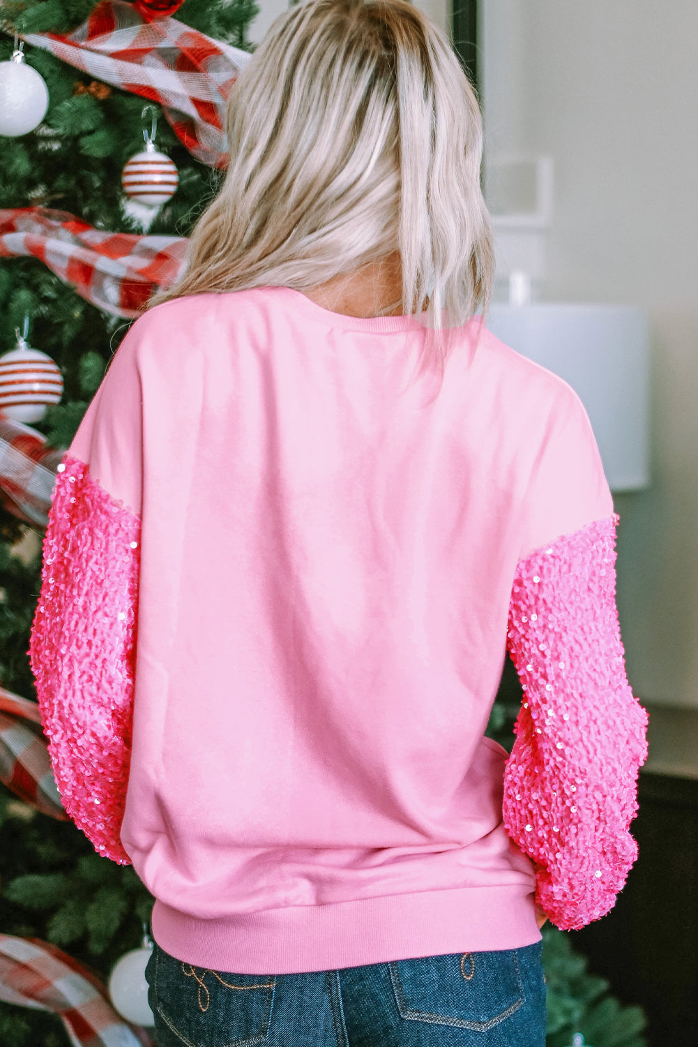 Pink Sequin Patchwork Long Sleeve Pullover Top - Velvet Stardust Co.