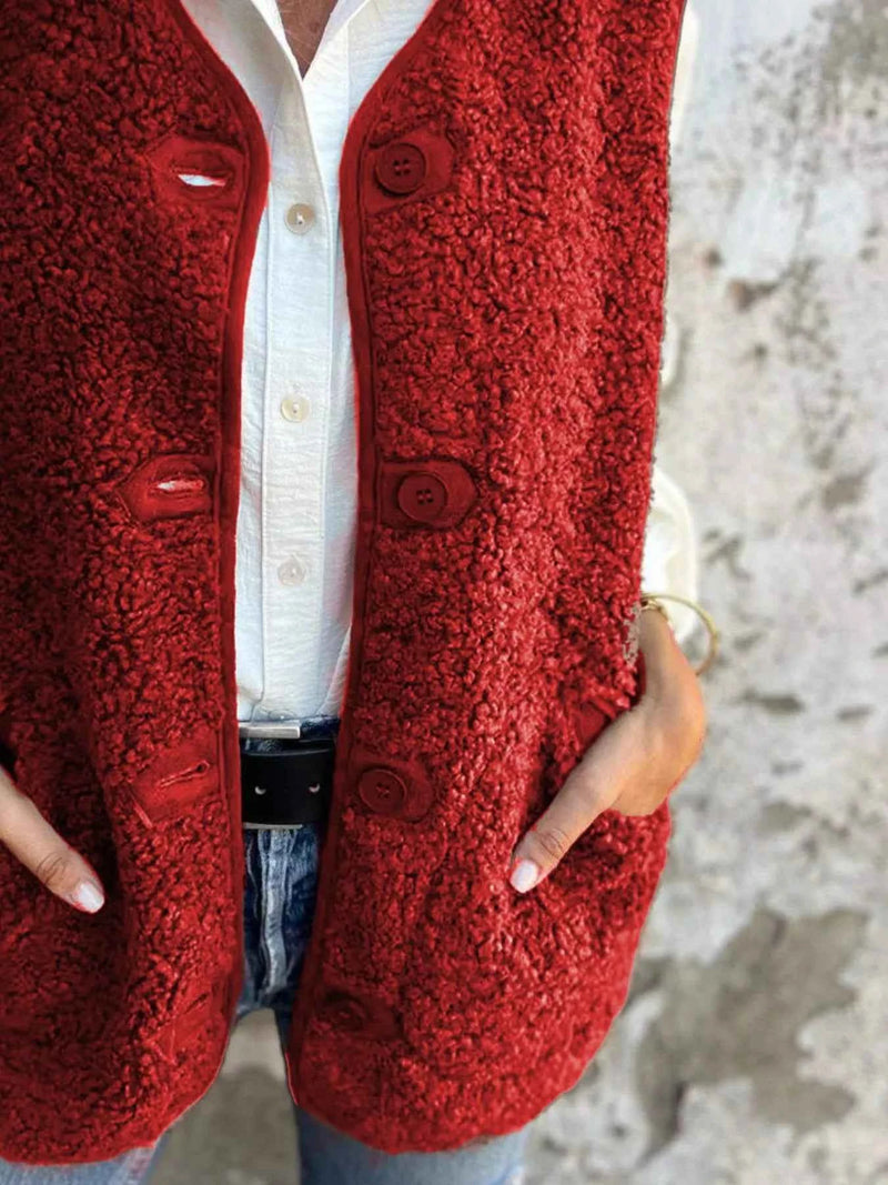 Full Size Cozy Sherpa Fleece Button-Up Vest Coat with Pockets Plus Size