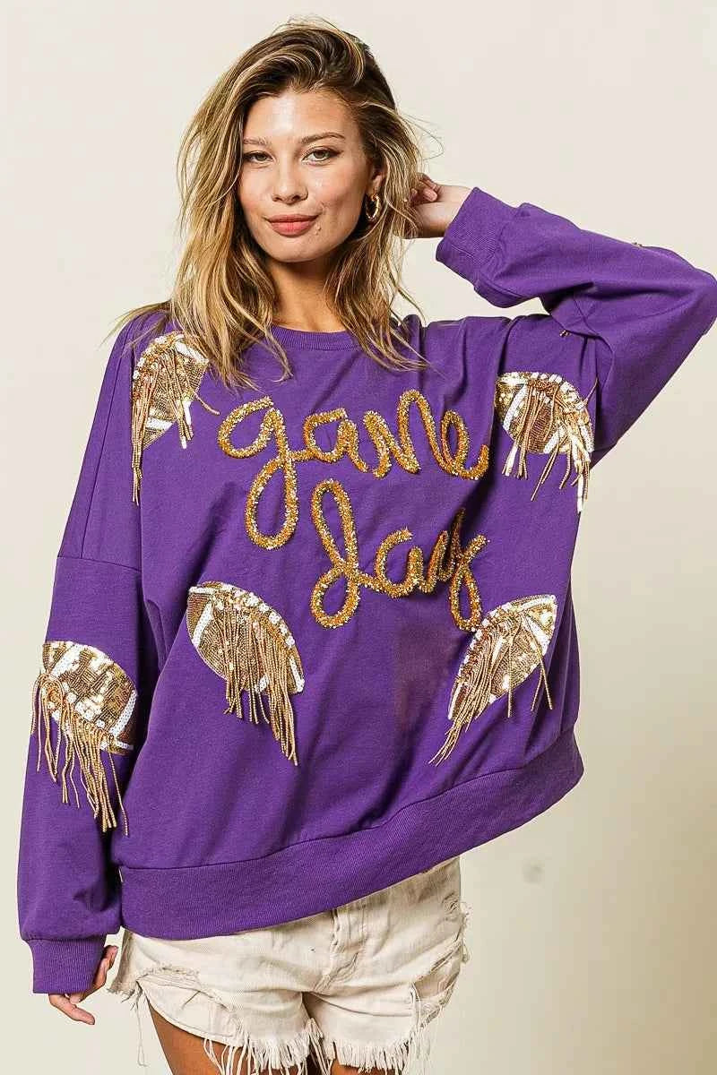 BiBi Sequin Football Patches Game Day Sweatshirt - Velvet Stardust Co.
