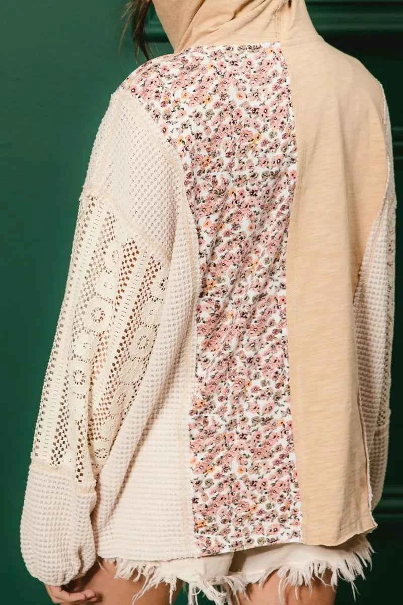 BiBi Slub Jersey with Lace Combo Buttoned Hoodie Top - Velvet Stardust Co.