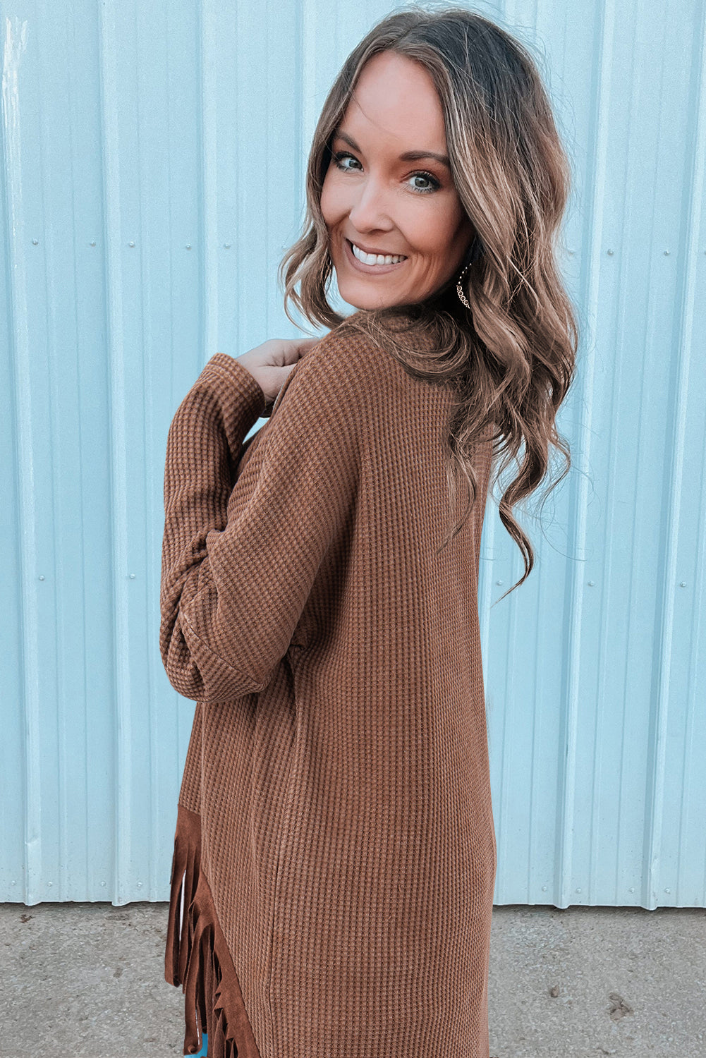 Coffee Waffle Knit Fringed High Low Loose Top - Velvet Stardust Co.