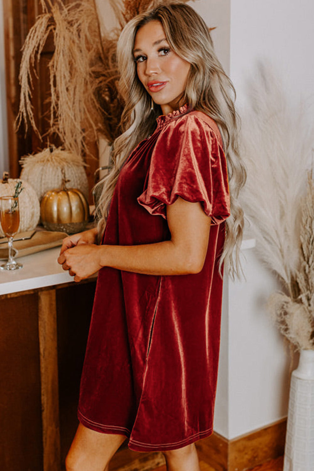 Cinnamon Velvet Smocked Neckline Puff Sleeve Shift Mini Dress - Velvet Stardust Co.