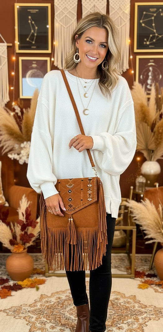 White Waffle knit Bishop Sleeve Split Oversized Top - Velvet Stardust Co.