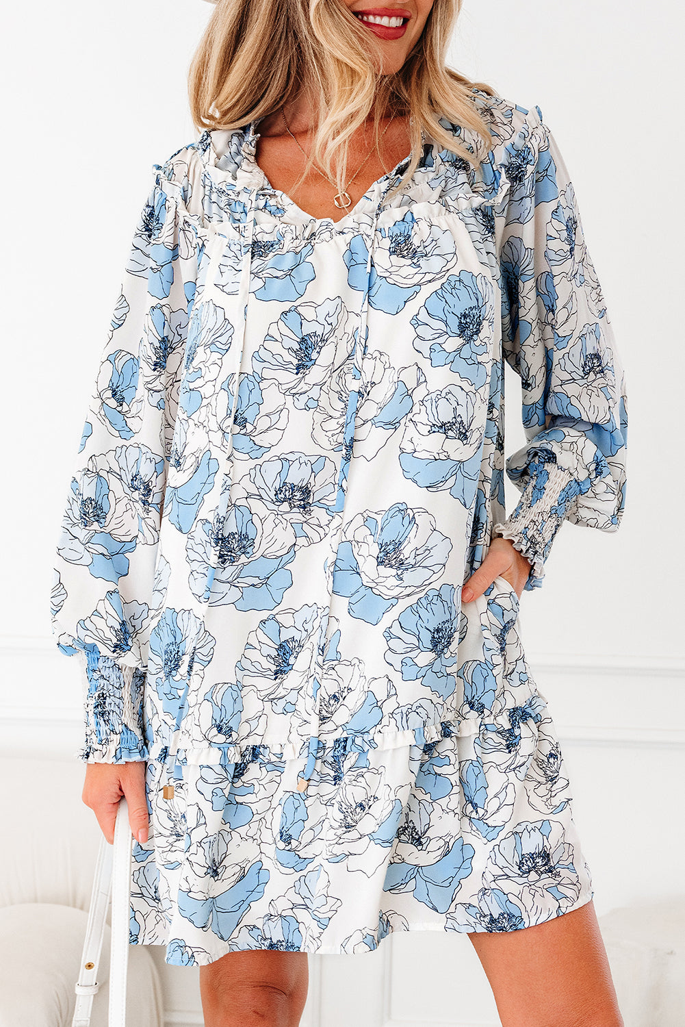 Sky Blue Floral Print Tie Neck Long Sleeve Flowy Mini Dress - Velvet Stardust Co.