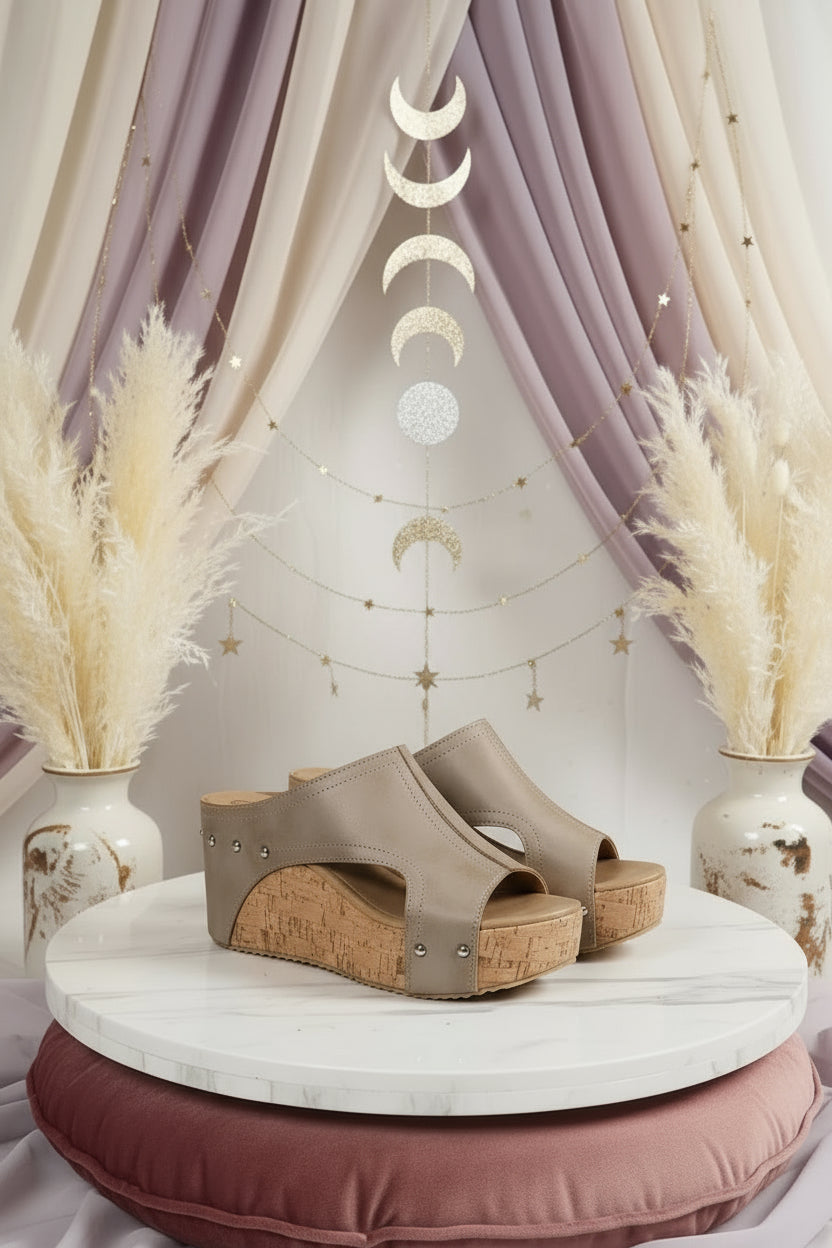 Gray Hollow Out Studded PU Leather Wedge Slides Shoes - Velvet Stardust Co.