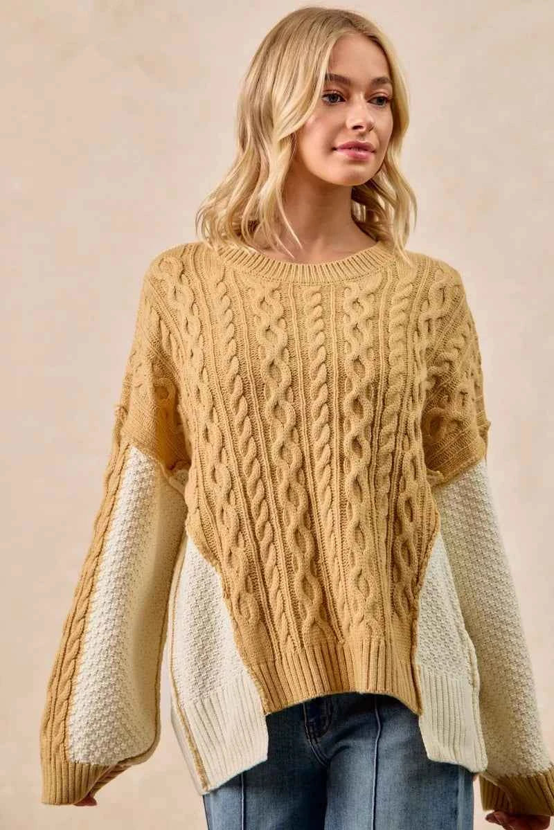BiBi Cable Knit With Hacci Combo Sweater With Uneven Hem Detail - Velvet Stardust Co.