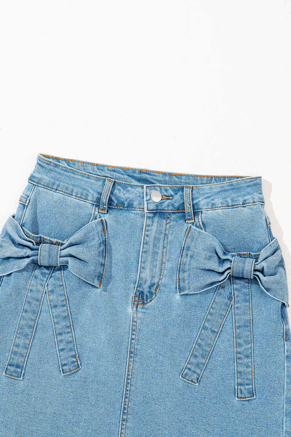 Dusk Blue Acid Washed Bowknot Details High Waist Denim Skirt - Velvet Stardust Co.